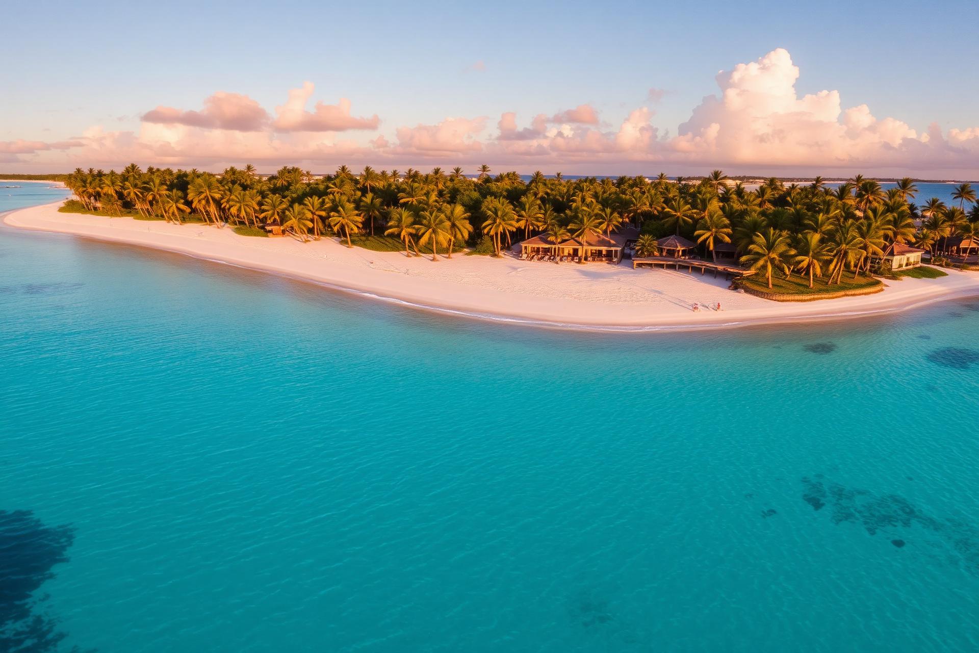 Turquoise Caribbean beach with pink umbrellas